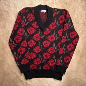 Vintage 90s Condor Rose Floral Wool Sweater Red Black V Neck Goth Indie Grunge